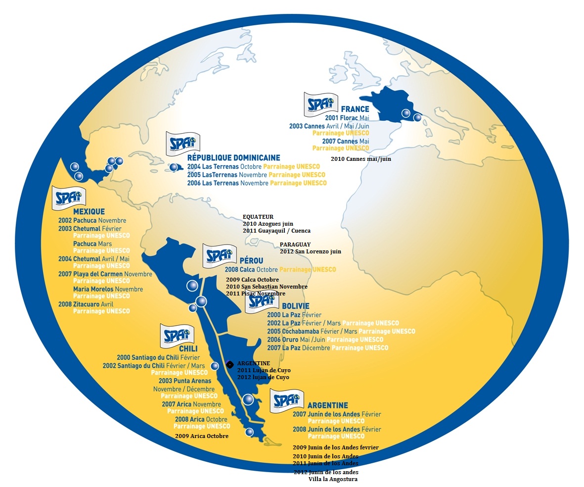 Carte des missions SPAI réalisées dans différents pays d'Amérique latine : Argentine, Bolivie, Chili, Équateur, Mexique, Paraguay, Pérou et République Dominicaine